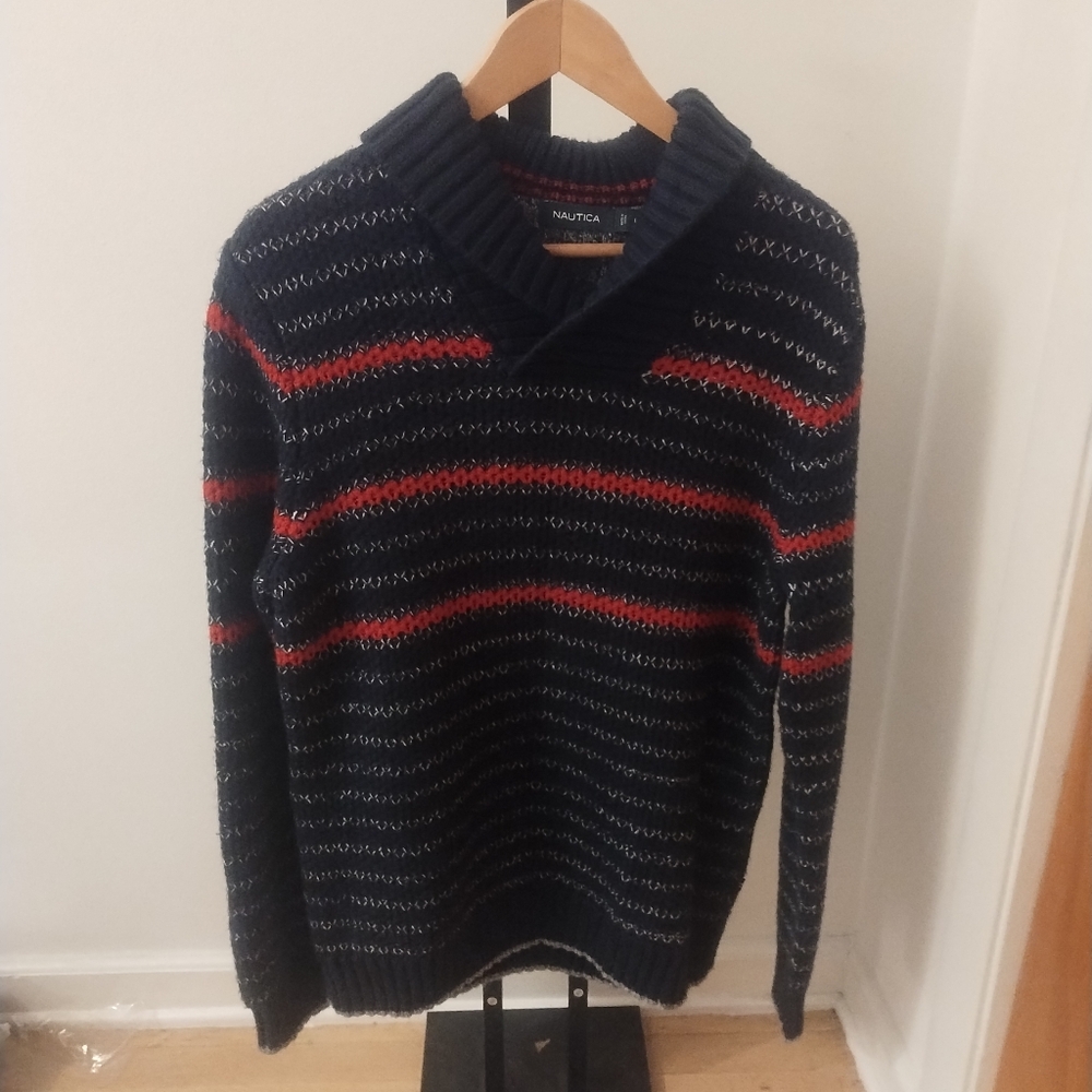 Nautica Men's V-Neck Sweater in Navy and Red Cottonblend New XL